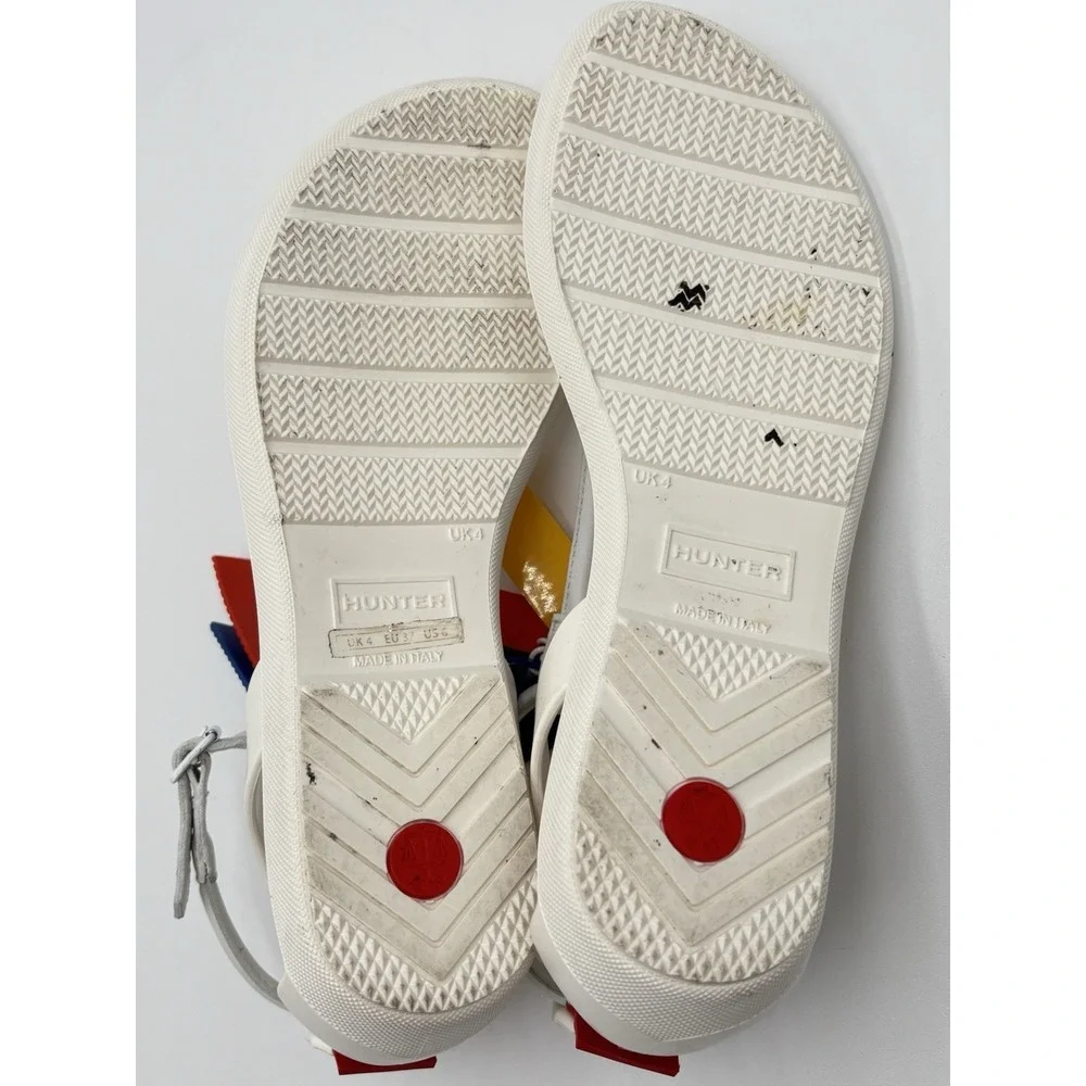 Hunter Original White T-Strap Sandals Rainbow Fringe Charms Women's US 6